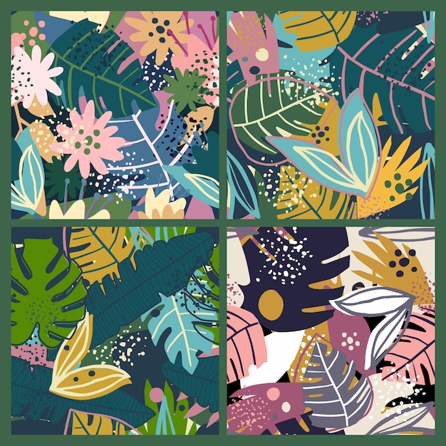 Conjunto de hojas exóticas contemporáneas de patrones sin fisuras en estilo collage. Creativa colección de fondos de hoja tropical.