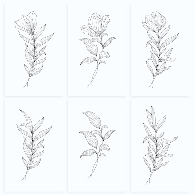 Conjunto de hojas florales de arte de línea abstracta minimalista