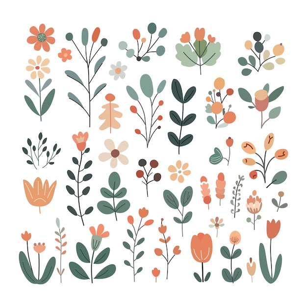 Conjunto de hojas y flores abstractas en tonos verdes Ilustración vectorial