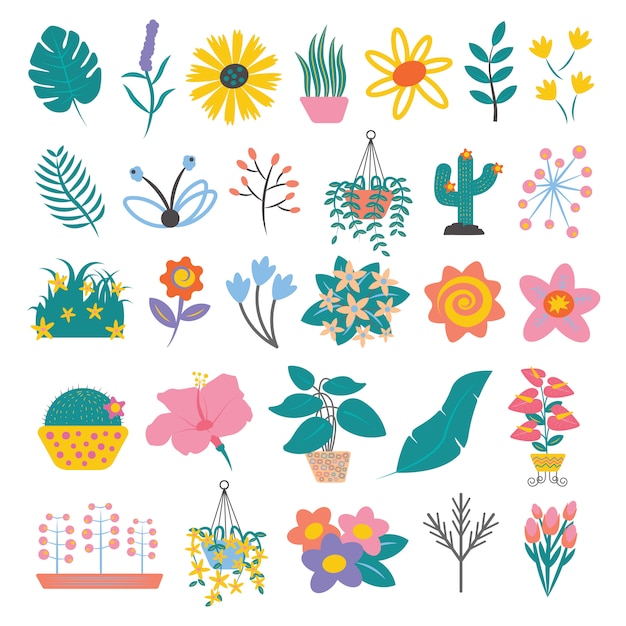 Conjunto de hojas y flores coloridas Estilo plano simple de dibujos animados