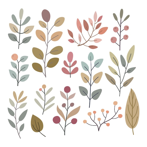 Conjunto de hojas y flores Ilustración linda vector rojo verde simple