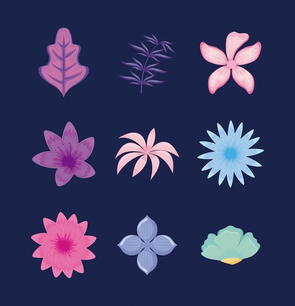 Vector conjunto de hojas y flores tropicales.