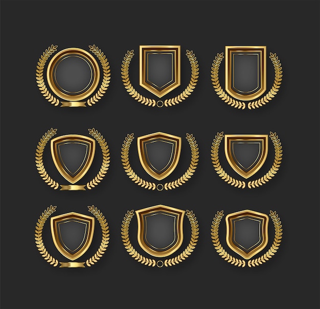 Vector conjunto de hojas de laurel circulares de oro y coronas de trigo que representan un logro de premio