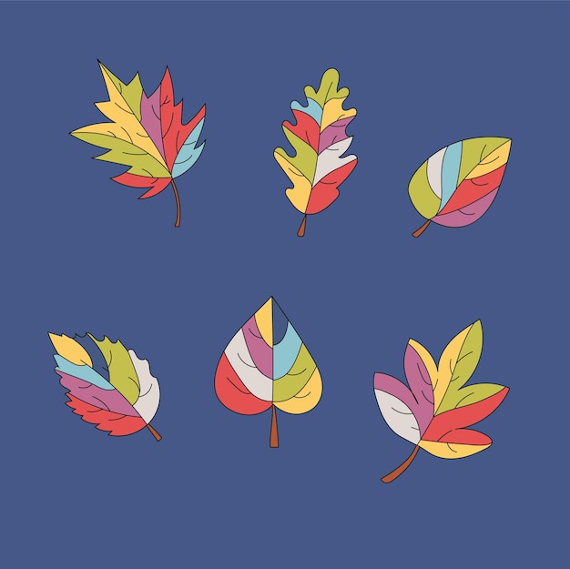 Un conjunto de hojas multicolores en un vector de otoño de fondo azul