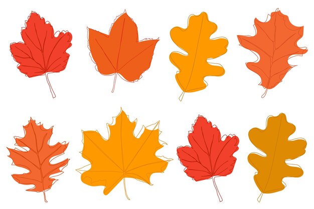 Conjunto de hojas de otoño brillantes dibujadas en una línea continua hoja de otoño en un boceto de flores de estilo de línea