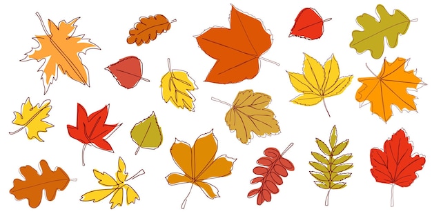 Conjunto de hojas de otoño brillantes dibujadas en una línea continua Hoja de otoño en un estilo de línea Esbozo floral Composición de varias hojas Hojas de contorno simple Ilustración vectorial en estilo minimalista