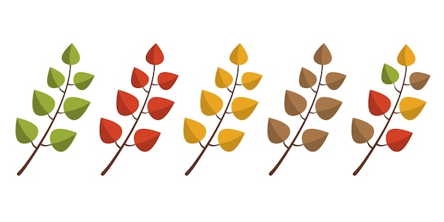 Vector un conjunto de hojas de otoño en ramas de diferentes colores en una imagen vectorial de estilo plano