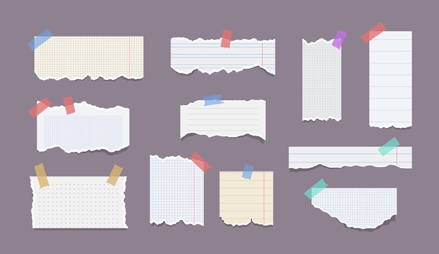 Conjunto de hojas de papel rasgadas con costuras coloridas Hojas de cuaderno rasgadas