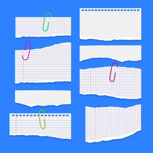 Conjunto de hojas de papel rasgadas rasgadas de papel de cuaderno de color blanco sobre fondo naranja