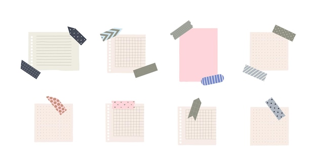 Conjunto de hojas de papel con trozos de cinta washi colección de lindo fondo astuto vector