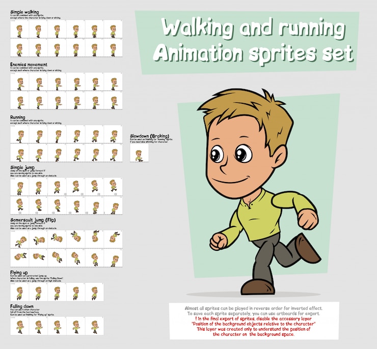 Vector conjunto de hojas de sprites de animación de personaje de niño de dibujos animados
