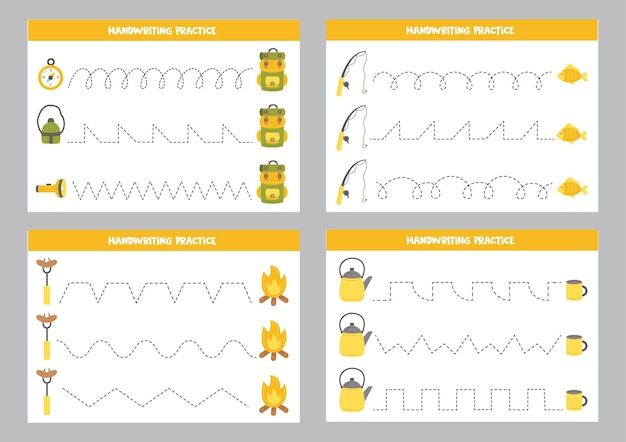 Conjunto de hojas de trabajo de líneas de trazado con elementos de campamento Práctica de escritura