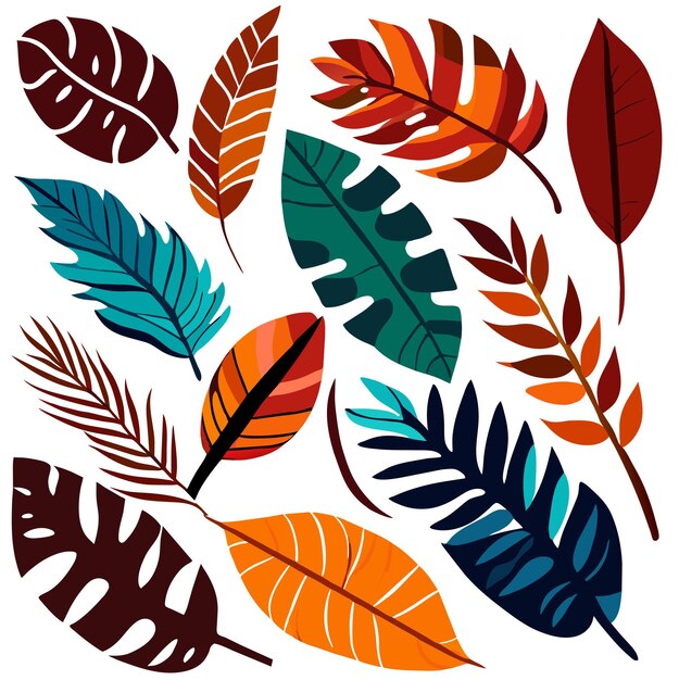 Vector conjunto de hojas tropicales exóticas ilustración vectorial aislada sobre fondo blanco