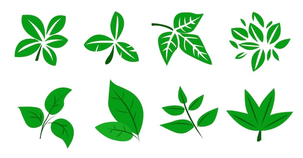Un conjunto de hojas verdes sobre un fondo blanco para diseños de logotipos para el simbolismo del planeta verde
