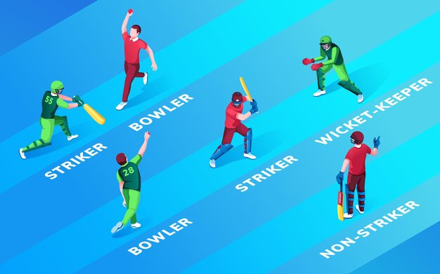 Conjunto de hombre aislado en posiciones de fildeo de cricket nombre jugador de bolos y delantero wicketkeeper