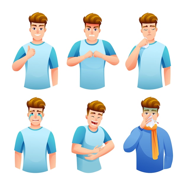 Vector conjunto de hombre en diferentes expresiones y situaciones ilustración vectorial