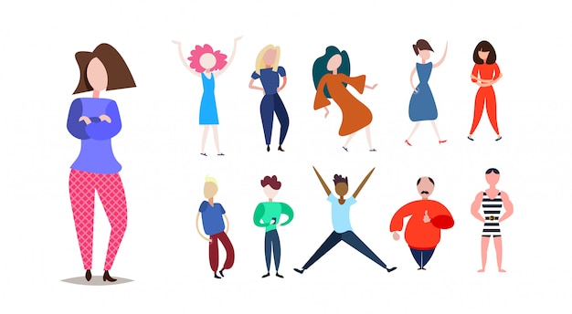 conjunto, hombre, mujer, carácter, diversidad, poses, aislado, macho, hembra, caricatura, longitud completa, plano horizontal