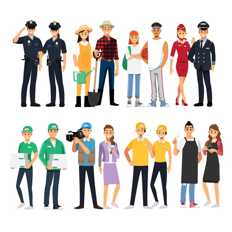 Conjunto de hombre y mujer de carácter de trabajo de personas, personaje de dibujos animados de ilustración.