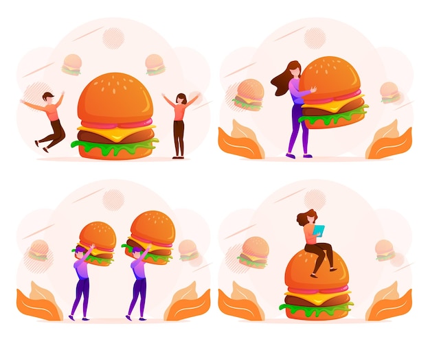 Vector conjunto de hombre y mujer disfrutan con hamburguesa