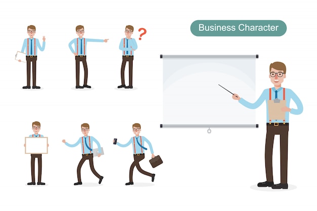 Vector conjunto de hombre de negocios en diferentes posiciones.