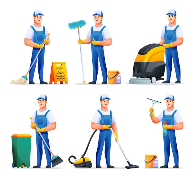 Conjunto de hombre de servicio de limpieza con diferentes equipos Personaje de dibujos animados de ama de llaves