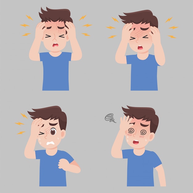 Conjunto de hombre con síntomas de diferentes enfermedades: dolor de cabeza, fiebre, mareos
