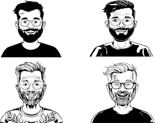 Conjunto de hombres barbudos vectoriales frente a hipsters con diferentes cortes de pelo bigotes barbas