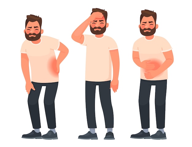 Vector conjunto de hombres de carácter con dolor en diferentes partes del cuerpo. dolor de espalda, dolor abdominal, dolor de cabeza, migraña.