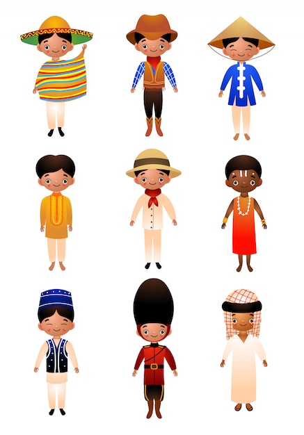 Vector un conjunto de hombres de diferentes nacionalidades con ropa étnica tradicional. ilustración en estilo de dibujos animados plana.