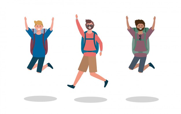 Conjunto de hombres felices saltando con gafas de sol y mochila.
