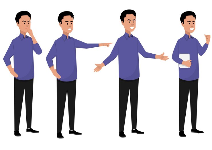 Vector un conjunto de hombres jóvenes con camisas púrpuras y pantalones negros se pararon con diferentes posturas