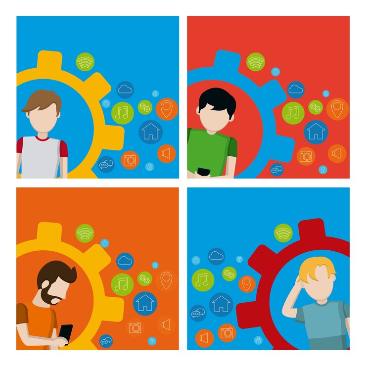Vector conjunto de hombres jóvenes usando tarjetas de aplicaciones móviles