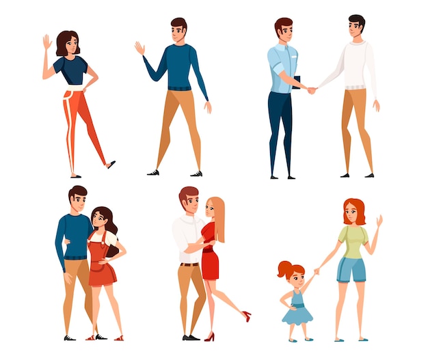 Conjunto de hombres y mujeres en ropa casual y con niños ilustración de vector de diseño de personajes de dibujos animados
