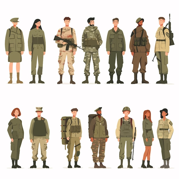 Vector conjunto de hombres y mujeres en uniforme militar