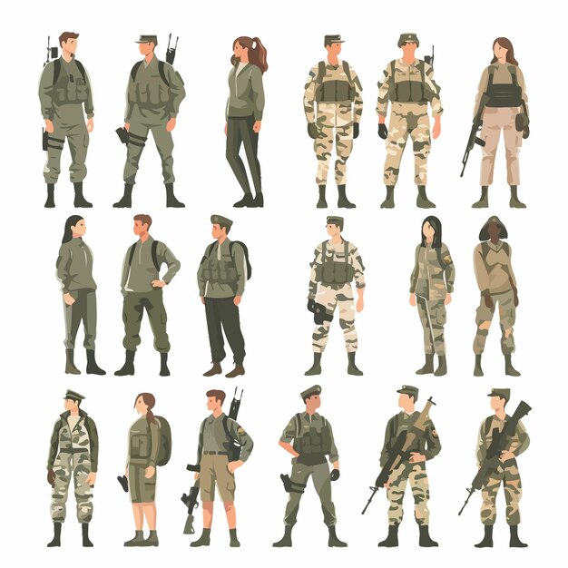 Vector conjunto de hombres y mujeres en uniforme militar