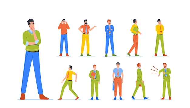 Conjunto de hombres de negocios Empleados o collares Personajes masculinos en el trabajo Angry Boss Thinking Stand con carpeta en las manos