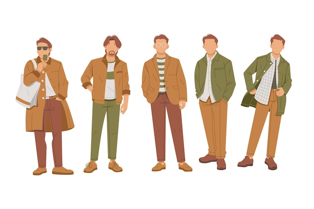 conjunto de hombres posando en trajes elegantes ilustración de diseño plano aislado
