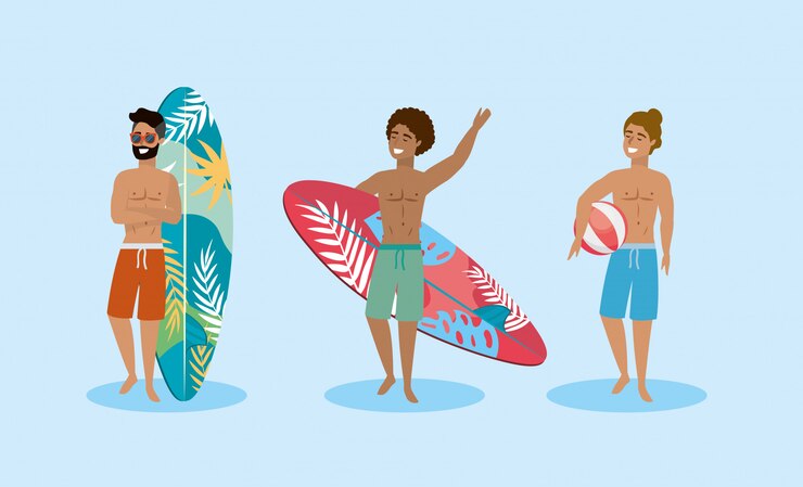 Vector conjunto de hombres vistiendo shorts de baño con tabla de surf y pelota.