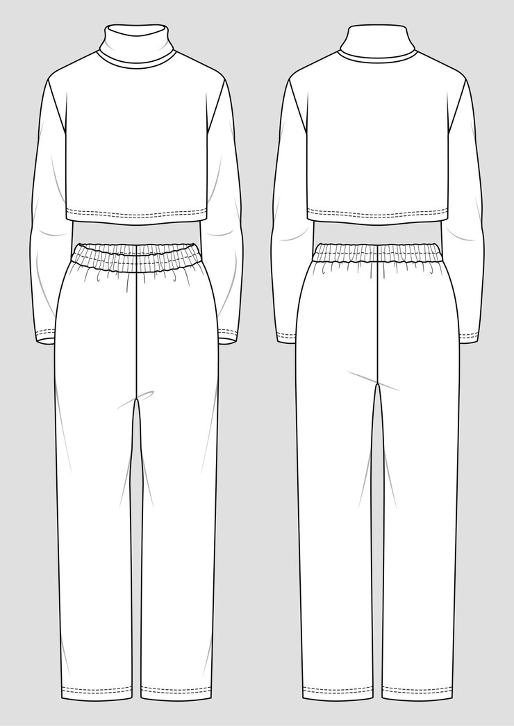 Vector conjunto de homewear de mujer. boceto de moda. cuello alto corto y pantalón recto.