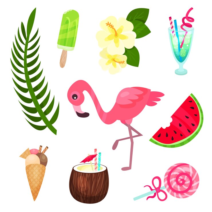 Vector conjunto de horario de verano tropical, elementos exóticos para el diseño de verano ilustraciones