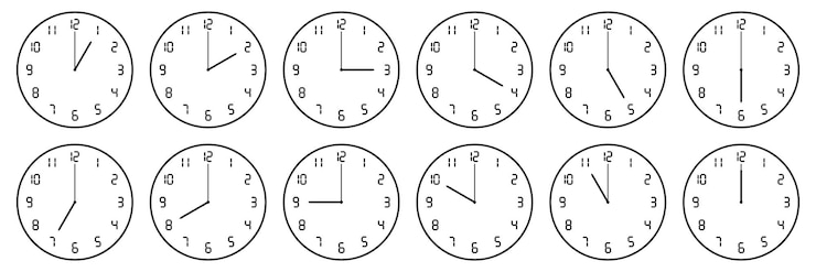 Vector conjunto horizontal de reloj analógico con icono de número digital que notifica cada hora aislado en blanco