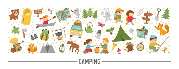 Conjunto horizontal vectorial con lindos elementos de animales del bosque cómico y niños haciendo actividades de campamento de verano Diseño de borde de plantilla de tarjeta con personajes del bosque y niños en vacaciones xA