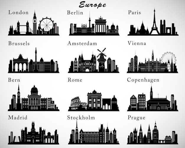 Vector conjunto de horizontes de ciudades europeas. siluetas