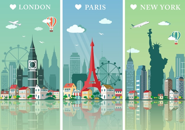 Conjunto de horizontes de ciudades. Ilustración de paisajes. Siluetas de Londres, París y Nueva York con hitos.