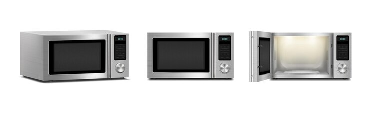 Vector conjunto de hornos de microondas con luz interior con vista frontal de puerta abierta y cerrada vista lateral aislada