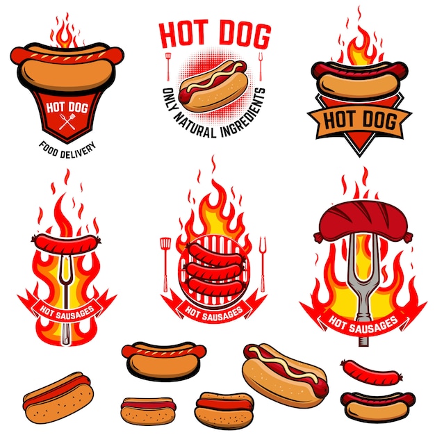 Conjunto de hot dog, emblemas de salchichas fritas. Entrega de comida en la calle. elemento de logotipo, etiqueta, emblema, letrero, cartel, folleto, menú, banner. ilustración