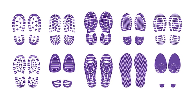Vector conjunto de huellas azules de zapatos humanos suelas de zapatos con estampado de botas de rodadura zapatillas de deporte calzado en tacones