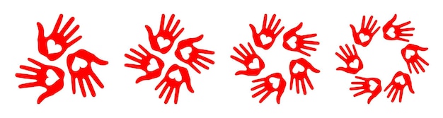 Conjunto de huellas manuales con iconos de círculo de corazón. Emblemas de huellas de manos. Insignia redonda de mano. logotipo vectorial