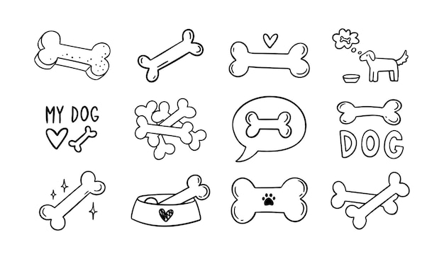 Conjunto de huesos dibujados a mano para perros Contorno de huesos aislados sobre fondo blanco Iconos de huesos de línea