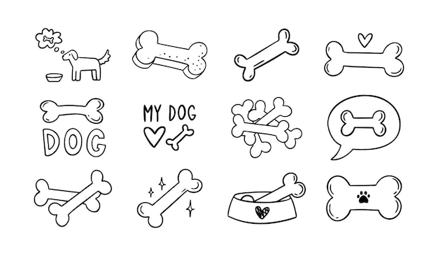 Conjunto de huesos dibujados a mano para perros Contorno de huesos aislados sobre fondo blanco Iconos de huesos de línea